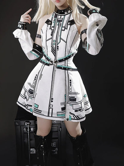 Bunny Sleeves KC Dress Techwear Halter Neck Urban Cyberpunk White + Ears