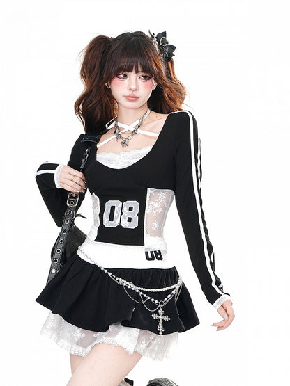 Schwarzes Neckholder-Crop-Top mit kontrastierenden Spitzenpatches