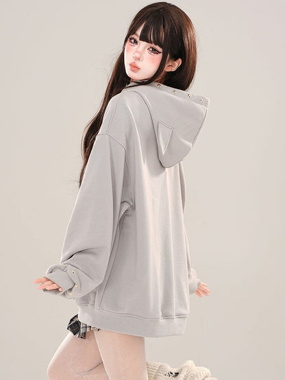 White/Grey Devil Bunnies Print Studs Loose Hoodie