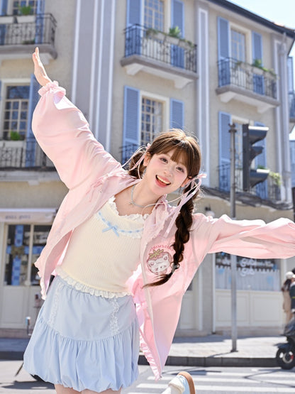Spitze Yume Kawaii Rosa Erdbeere Applique Jacke Bowknot Sonnenschutz Mit Kapuze