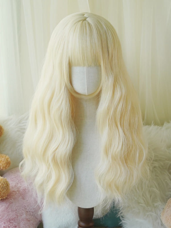 Black/White/Light Blonde/Blonde/Caramel/Grey Long Wavy Wig With Full Bangs