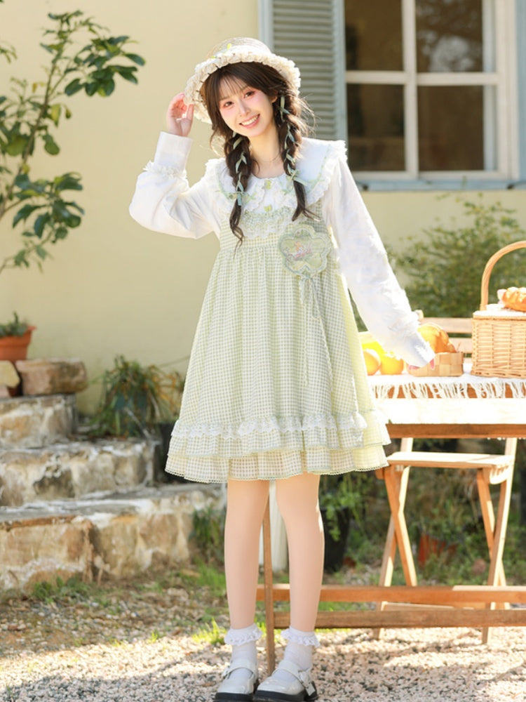 Green and White Plaid Ruffle Hem Overalls Mori Kei Dress