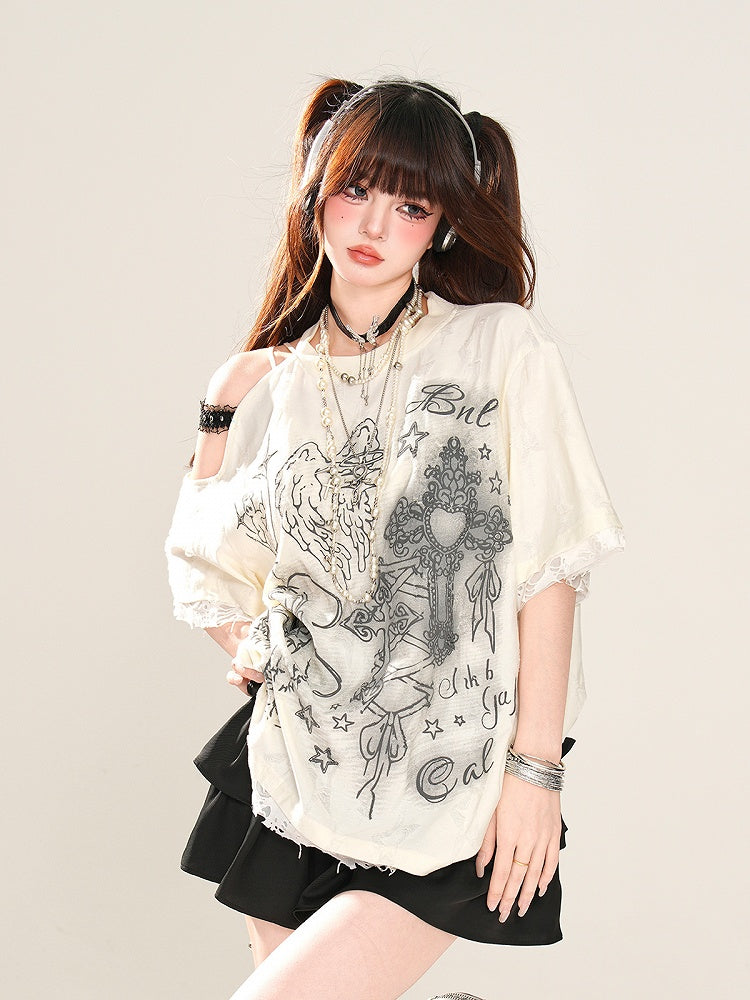 Apricot/Black Cutout Shoulder Lace Trim Graphic T-Shirt