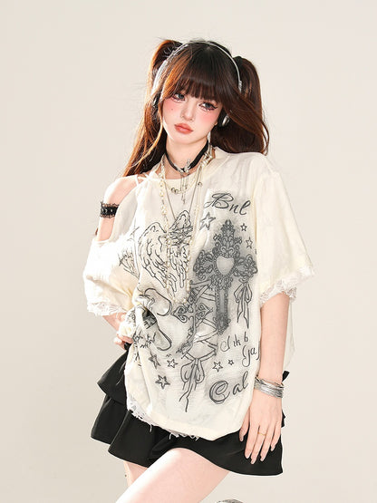 Apricot/Black Cutout Shoulder Lace Trim Graphic T-Shirt