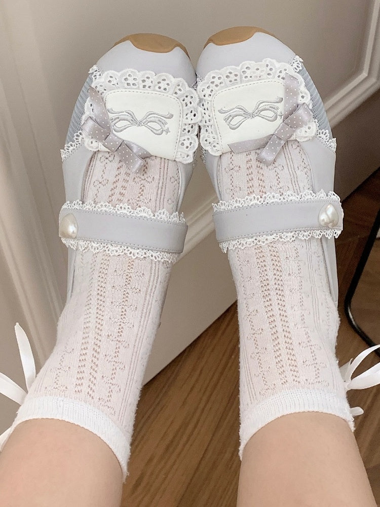 Sneakers Flat with Sweet Bow Lace Edging Gray Decorative Lolita - Velcro Fastening Style