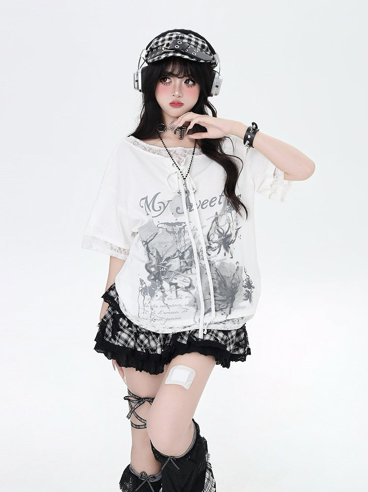 Black/White Graphic T-Shirt Hem Patches Asymmetrical Lace-up Neckline Lace