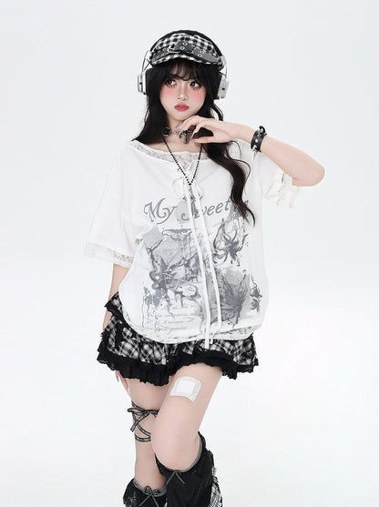 Black/White Graphic T-Shirt Hem Patches Asymmetrical Lace-up Neckline Lace