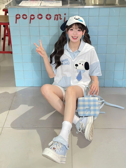 Two-pieces Puppy Ears Design Hood Pattern White and Puppy Faux T-Shirt Blue Plaid