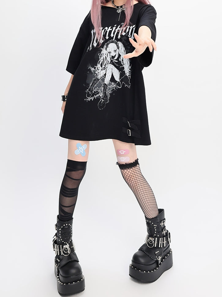 Y2K Black Snap Details Neckline Anime Print Girl Loose T-shirt