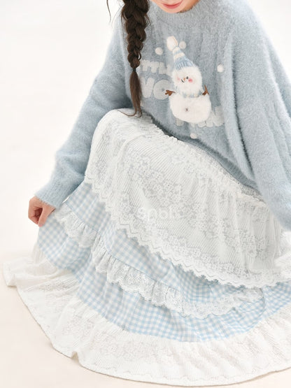 Jupe Mori Kei à carreaux en patchwork de dentelle bleue et blanche à taille haute