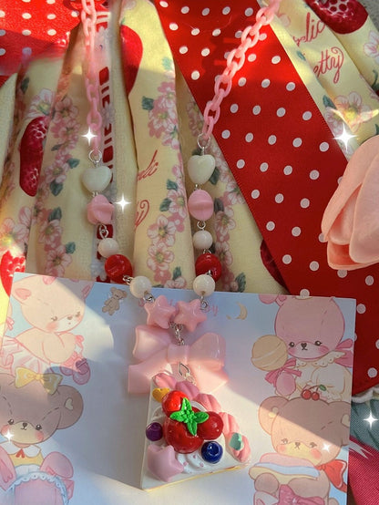 Decorated Pink Pendant Cake Beaded Necklace Bowknot