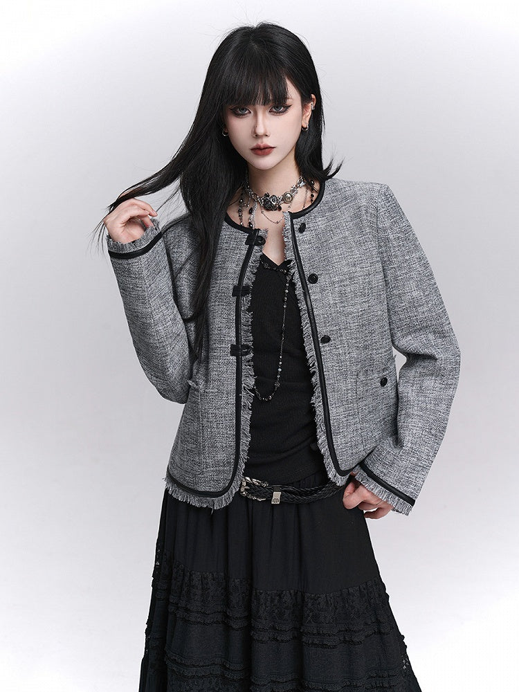 Strukturierte Trim Grau Raw PU Fall Kanten Schwarz Crop Jacke mit