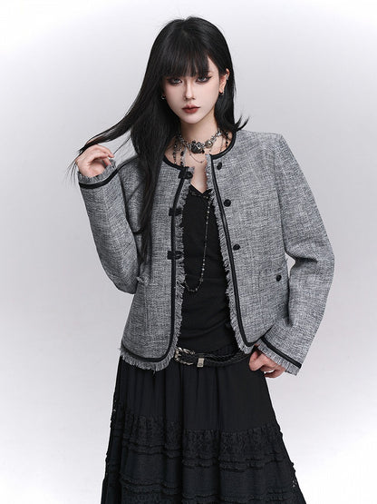 Strukturierte Trim Grau Raw PU Fall Kanten Schwarz Crop Jacke mit