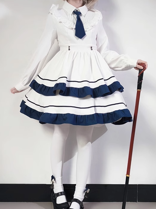 Robe à volants et col chemise blanc et bleu avec lien