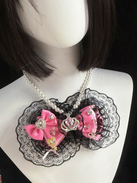 Rhinestone Necklace BlackPink Lace Bowknot Trim Heart Crown And Pendant Decorated Beaded