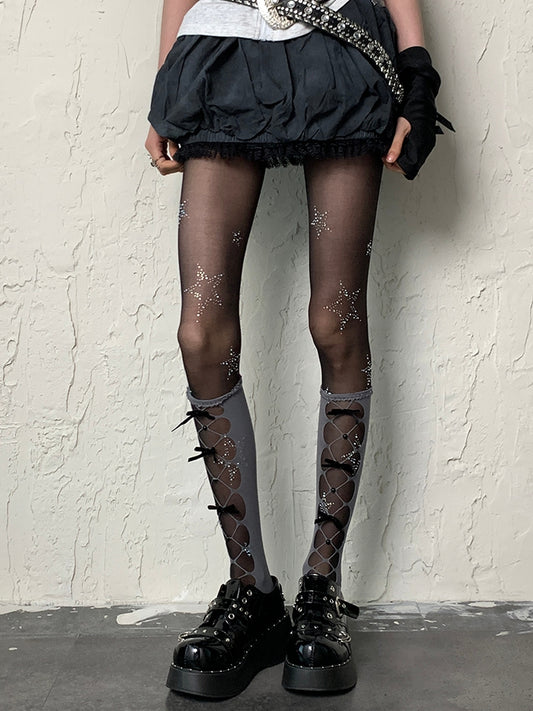 Details Gray Bowknot Y2K Underknee Stockings Design Cut-out