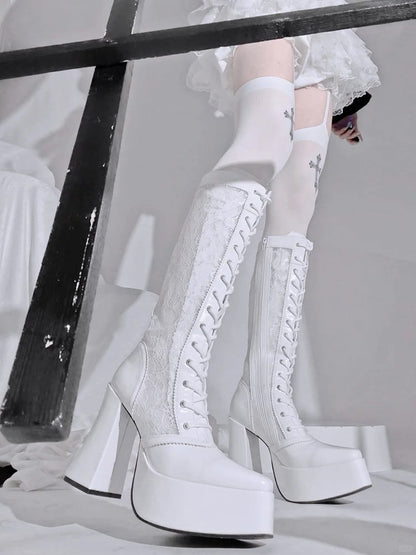 Gothic White Front Lace-up Ties Lace Platform High Block Heel  Knee-high Boots