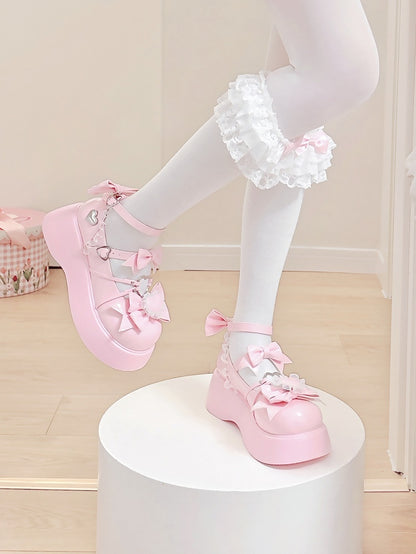 Bow Lace - Trim Heart Platform Details Janes Accents Sweet PU Pink Mary with Lolita