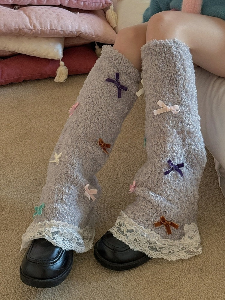 White Sweet Bowknot Lace Trim Leg Warmers