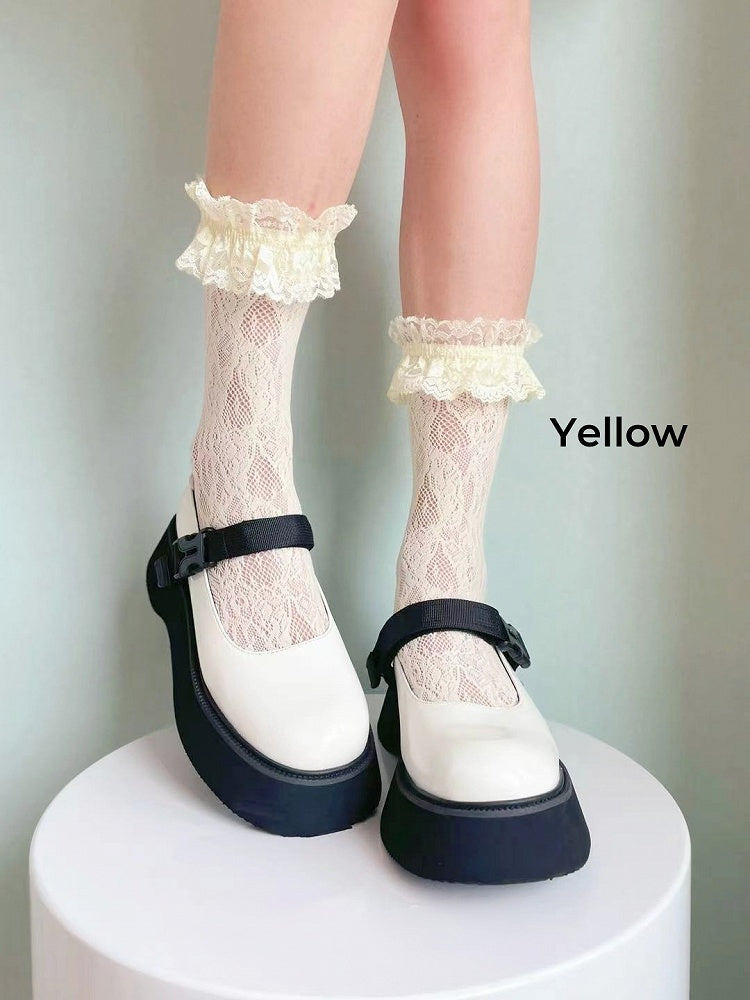 Chaussettes Lolita à volants en dentelle blanches/jaunes/noires