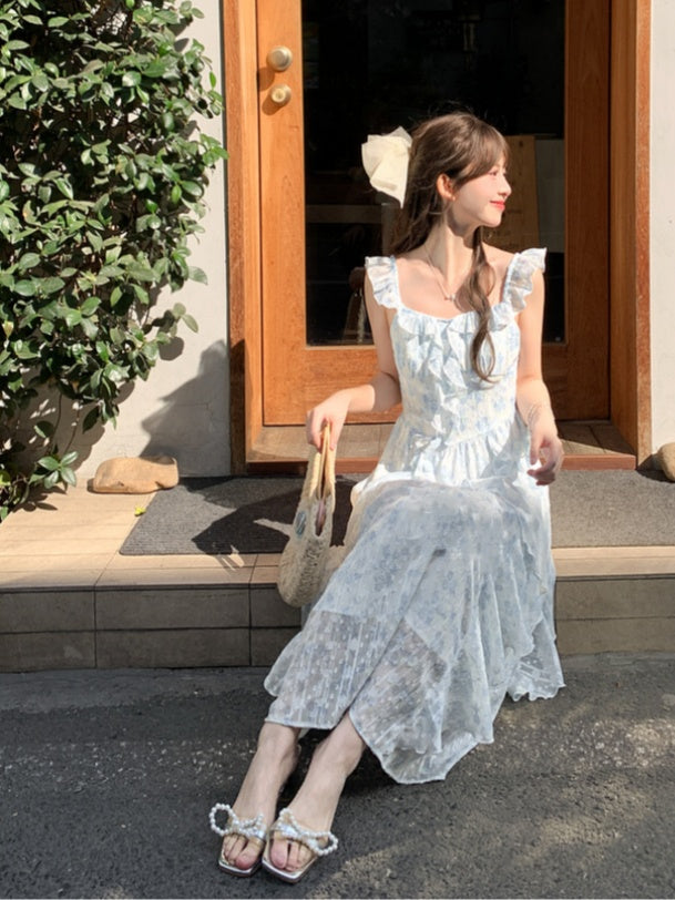 Sleeves Blue Flutter Cascading Ruffle Light Accents Floral Sleeveless Dress