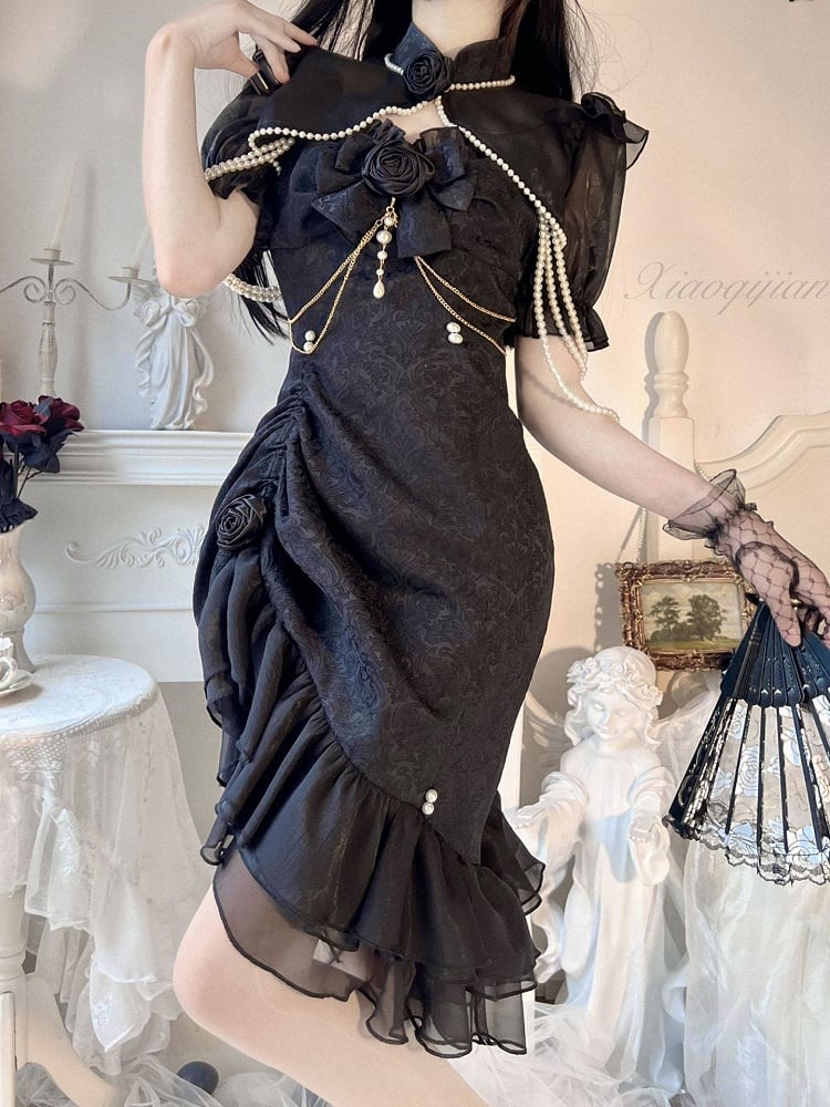 Bead Jacquard Ruffle Camellia Black Lolita Mermaid Decoration Detail JSK Rose Hemline