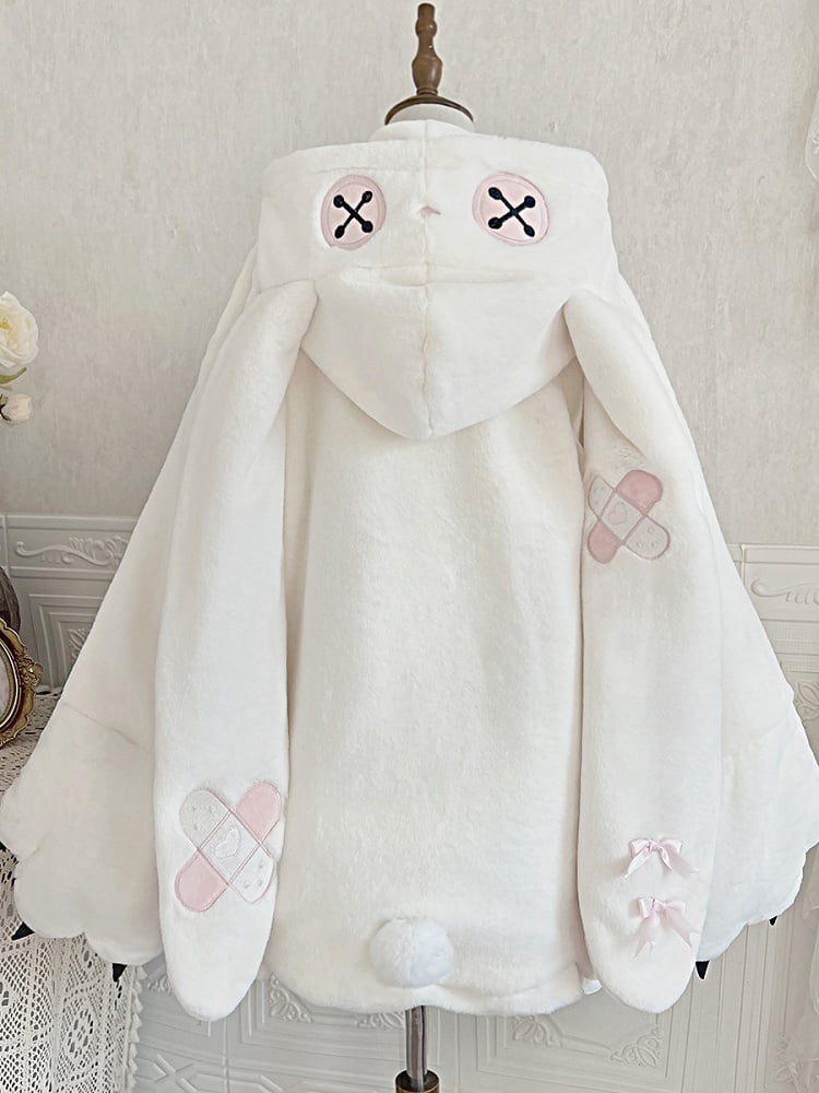 White and Pink Oversized Bunny Ears Hooded Plush Coat