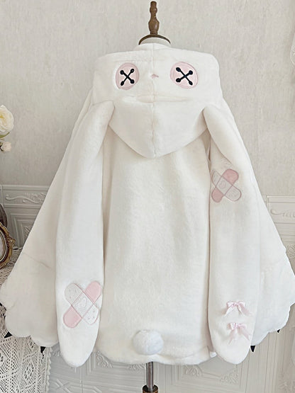 White and Pink Oversized Bunny Ears Hooded Plush Coat