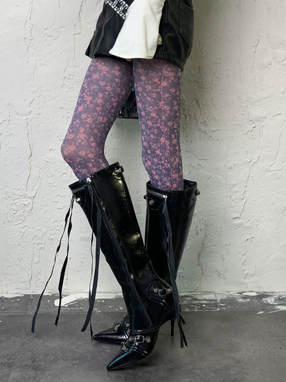 Purple Y2K Floral Print Tights