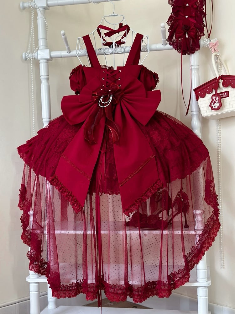 Waist Flower Basque Hem Fairy Skirt Dress Jumper Tiered Red Lolita Hanayome