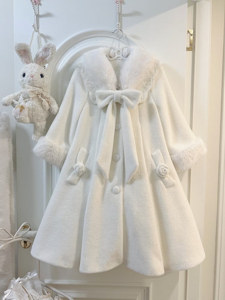 White Detachable Cozy Faux Fur Collar Winter Woolen Coat