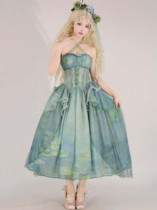 Fairy Oil Tiered Flounce Hem Halter Boned Corset Top Green Painting Print