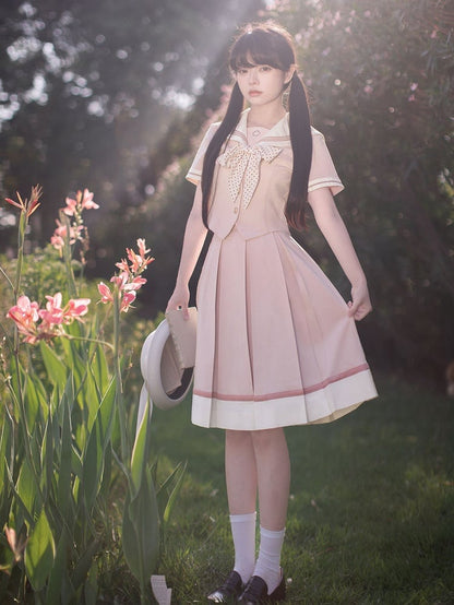 Sleeves Sweet Beige Embroidery Short Collar Sakura Top with Pink Sailor