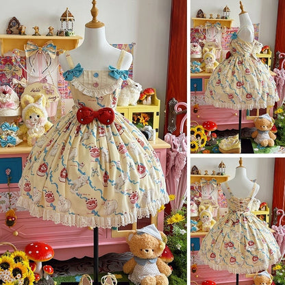 Lolita Print Dress Yellow Showa Cherry Fashion Cream Sweet Cake Kitty and