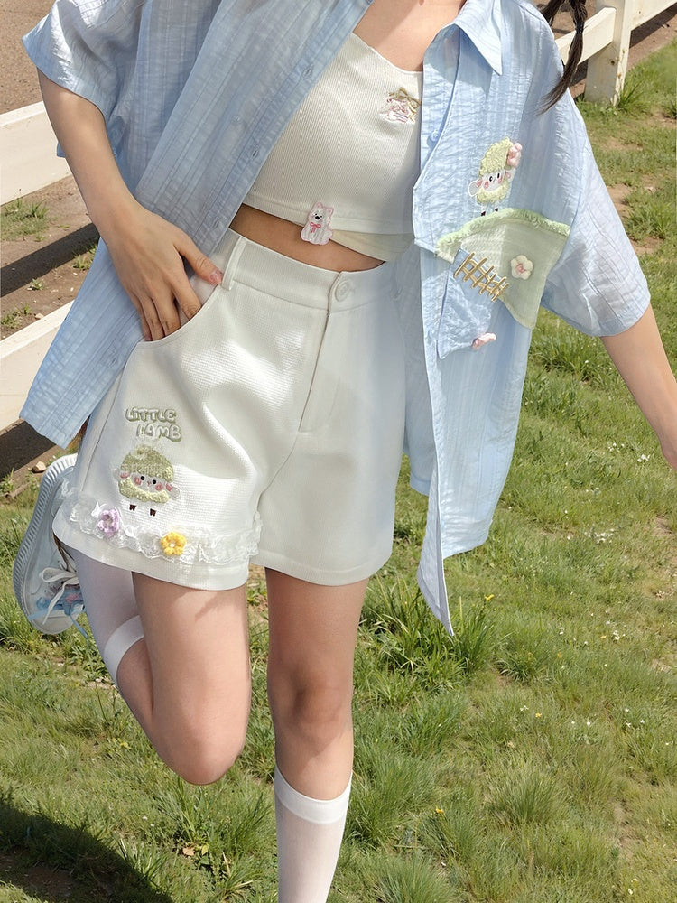 Floral Lace Trim White Shorts Lamb Embroidery Accents