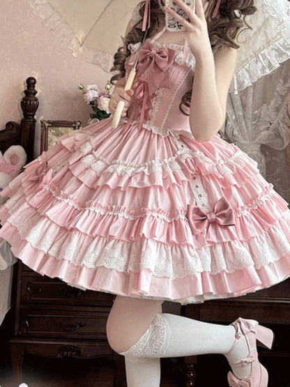 Lace-up Front Scalloped Edge Tiered Skirt Sweet Lolita Dress JSK Pink