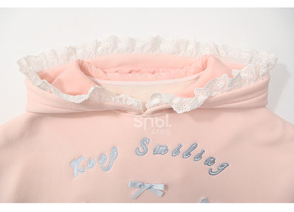 Pink Cute Crocheted Bunnies Details Fleece Lined Hoodie