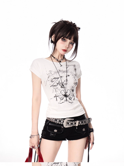 Slim-fitting Denim Shorts Black Low Waist Lace-up Hem