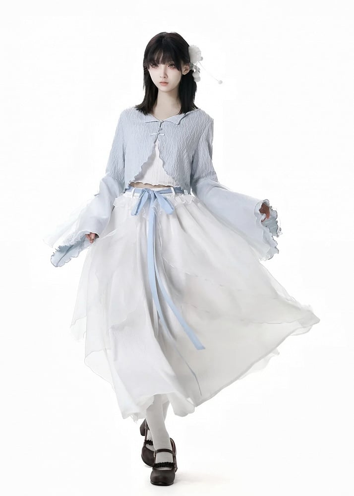 Free Top Knot Cheongsam Style Cropped Cami Buttons Bell Sleeves Blue Cardigan