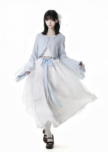 Free Top Knot Cheongsam Style Cropped Cami Buttons Bell Sleeves Blue Cardigan