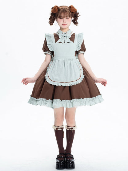 Dress Puff Short Lolita Sleeves Brown Kitty Mint Green + Maid and Apron
