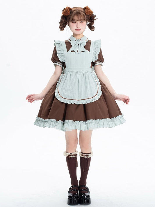 Dress Puff Short Lolita Sleeves Brown Kitty Mint Green + Maid and Apron