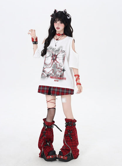 Red Neck Plaid Hem White Cutout Shoulder Graphic T-Shirt Round