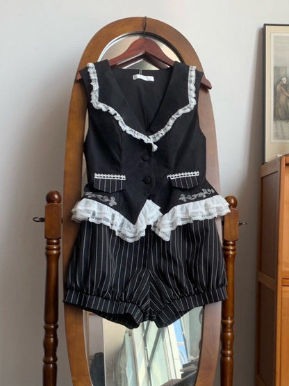 Black and White Ouji Lolita Full Set Shirt + Waistcoat + Shorts + Jabot