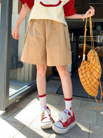 Shorts Khaki Elastic Waist Straight-Leg Cargo