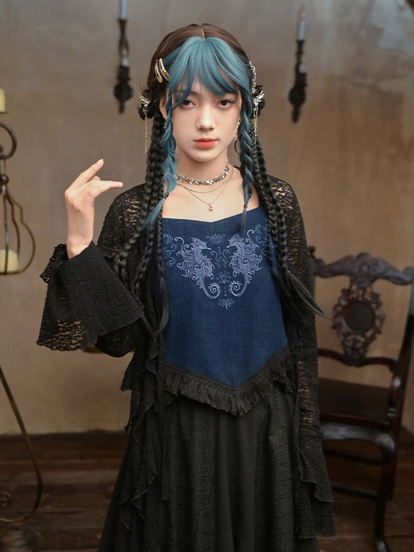 Cardigan Asymmetrical Hollow-out Hem Bell Ruffled Black Lace Sleeves