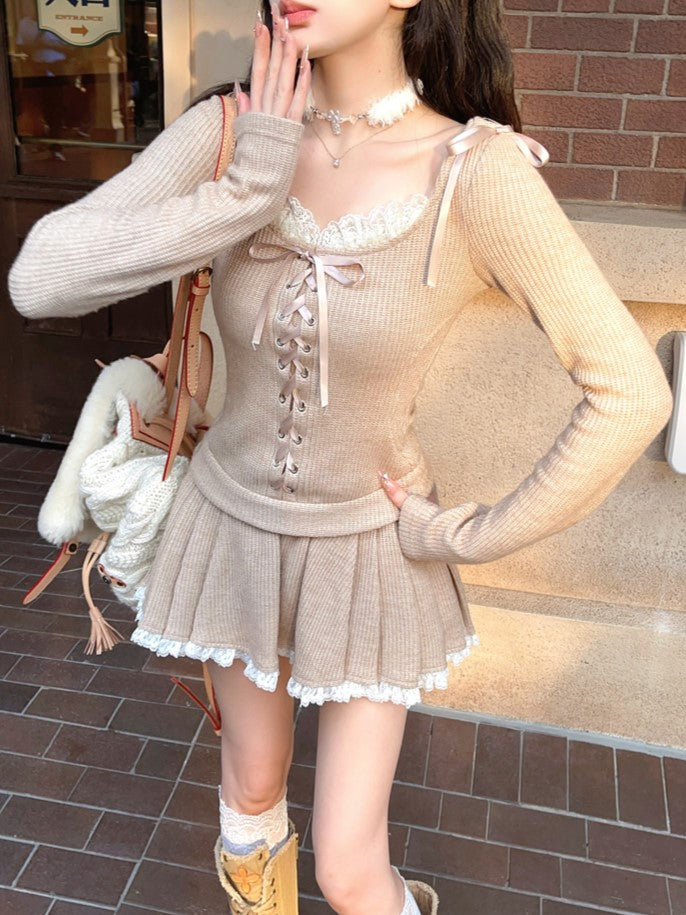 Schleifenstrick mit verstellbarem Kapuzenpullover mit Milchfrontschnürung und Teeakzenten