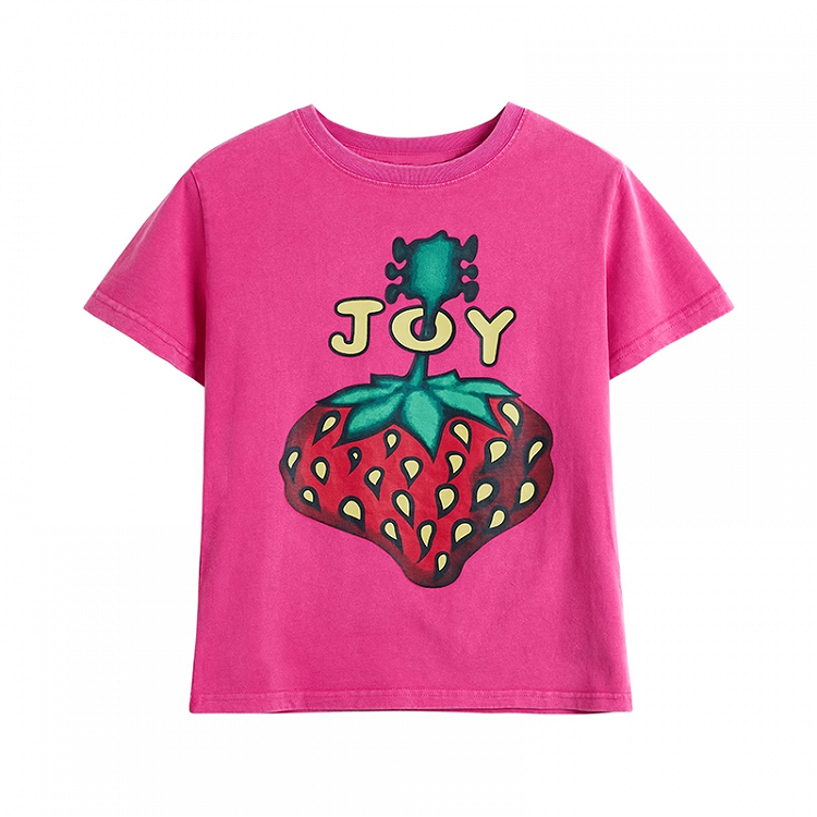 Vintage T-Shirt Rose Rot Rundhals Erdbeerdruck