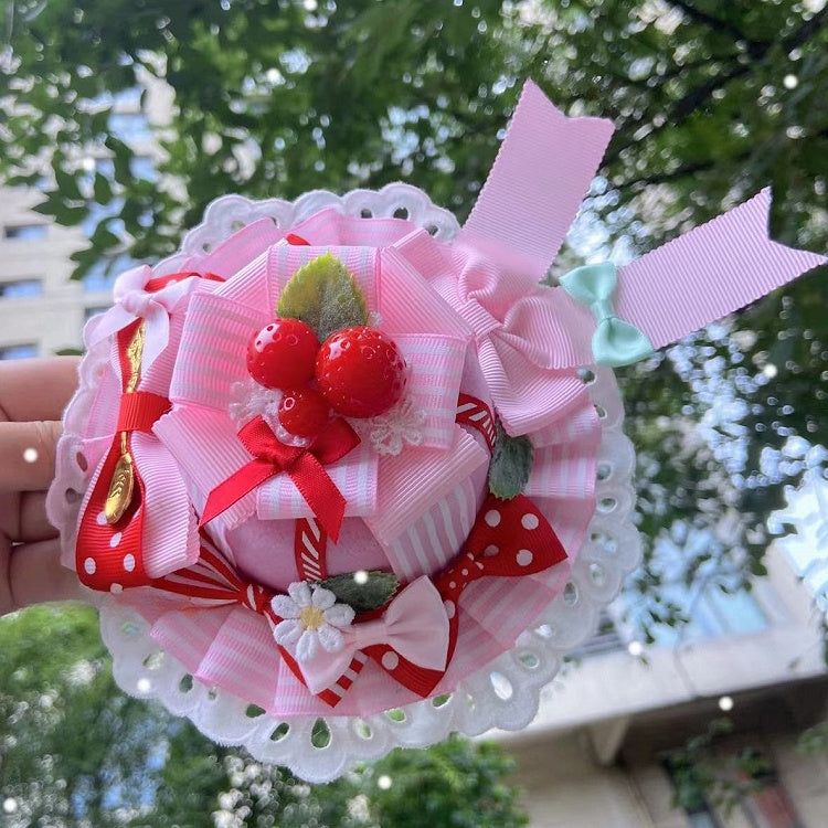 Bowknot Lace Design Trim Mini Pink Floral Strawberry Hat Decorated Details