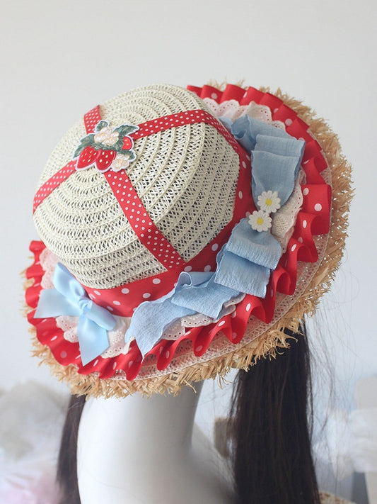 Applique Strawberry Red Details Straw Ruffles Hat Trim Bowknot